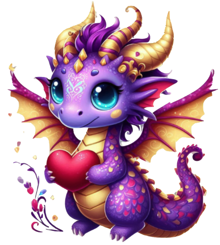 A cute purple dragon with sparkling scales, spread yellow wings, and shining bright blue eyes offers the viewer a cute red heart.