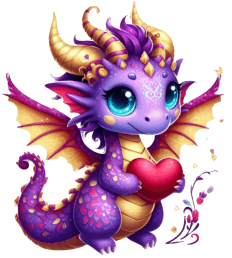 Logo: Smiling purple dragon with big blue eyes and golden horns and wings holding a cute red heart