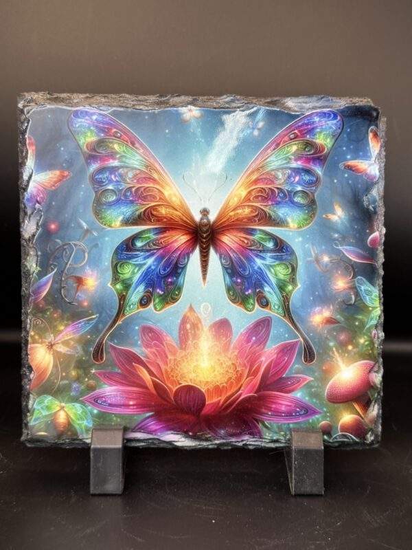 A square stone with a glossy image of glowing rainbow butterflies amid brilliant flowers and mushrooms.