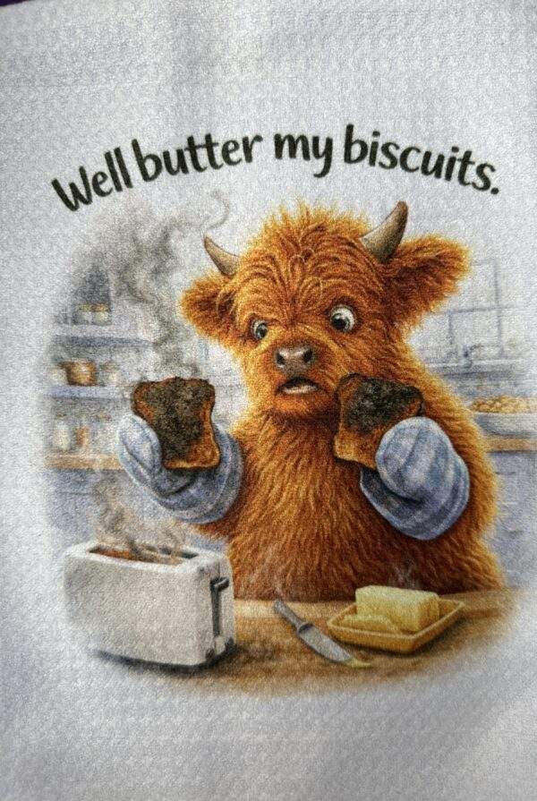 A white towel with a highland cow who's burnt its toast in the kitchen. Text reads, 'Well butter my biscuits.'