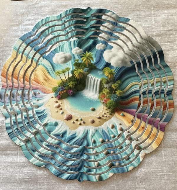 A windspinner depicting a relaxing tropical beach and waterfall and palm trees.