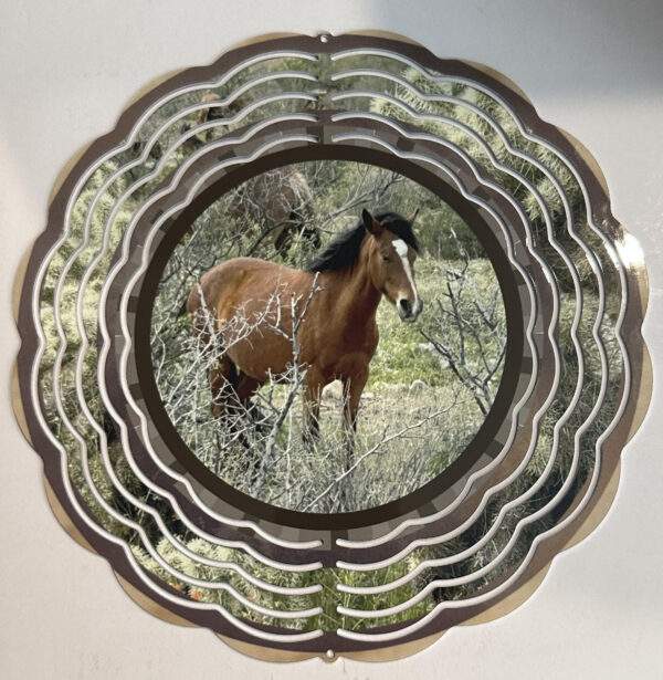 A brown and white horse standing in nature.