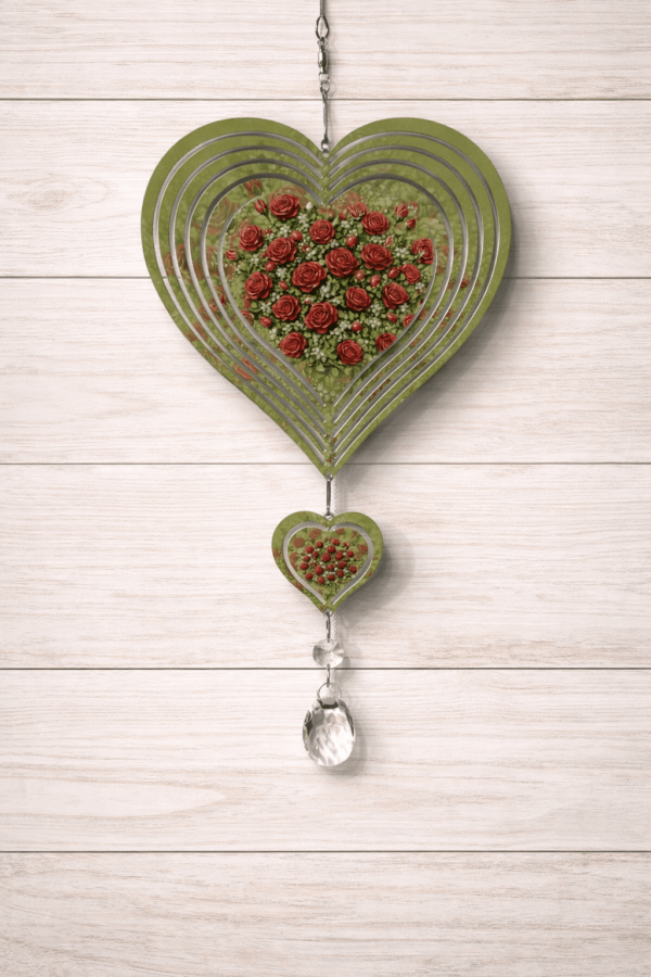 A green windspinner cut in the shape of a heart with a design of a burst of red roses. A mini heart just like it hangs beneath with a crystal.